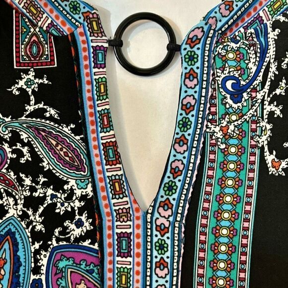 Nicole by Nicole Miller ring keyhole neck placed print bright on black sleeveles - Picture 3 of 14